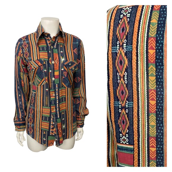 1960s Southwest Print Sheer Button Up Slim Fit Shirt / Women’s Small - Picture 1 of 5